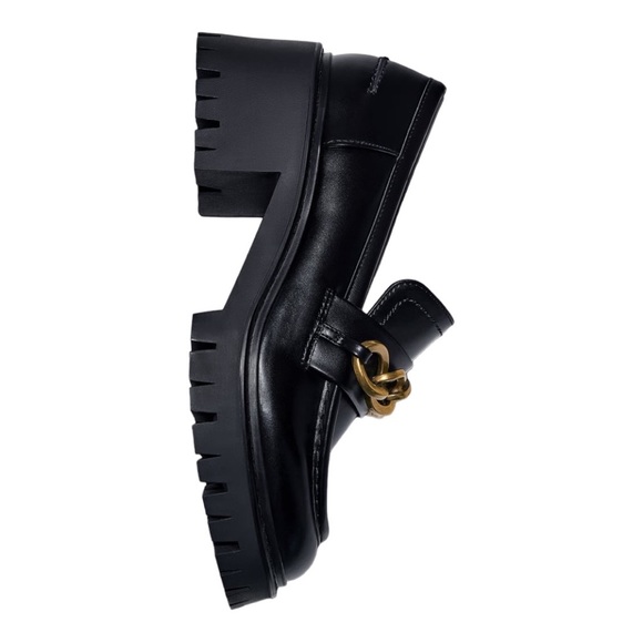 ZARA GOLD CHAIN DETAIL LUG SOLE HEELED LOAFERS - Picture 6 of 10